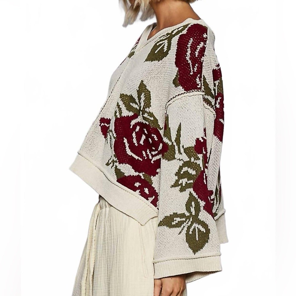 NEW🤎POL Long Sleeve Contrast Floral Sweater Top Small Oversized Cream - Picture 3 of 6